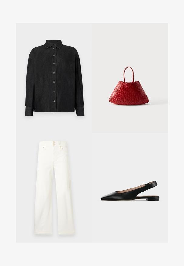 CLOSED CAPE SHIRT - Hemdbluse - mid grey; Weiße Jeans mit weitem Bein und hoher Taille, doppeltem Knopfverschluss und vorderen Taschen vor hellem Hintergrund.; Schwarzer Lederslingback-Flachschuh mit spitzer Zehenpartie und niedrigem quadratischem Absatz auf weißem Hintergrund.; Rote gewebte Lederhandtasche mit abgerundeter, dreieckiger Form und zwei geflochtenen Griffen auf weißem Hintergrund.