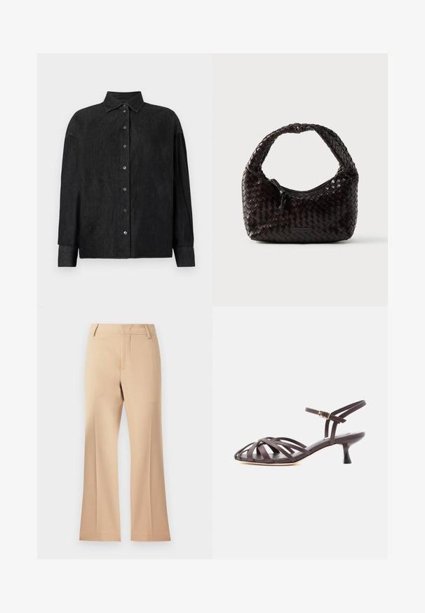 CLOSED CAPE SHIRT - Skjortebluser - mid grey; Beige brede bukser med en glat tekstur, der har en mid-rise talje og rene frontfolder. Simpel design, ingen synlige udsmykninger.; Mørkebrun læder sandal med smalle remme, kitten heel og justerbar ankelrem med spænde på hvid baggrund.; Vævet læderhåndtaske i mørkebrun, rund form med et tykt flettet håndtag. Har lynlåslukning og diskret branding på siden.