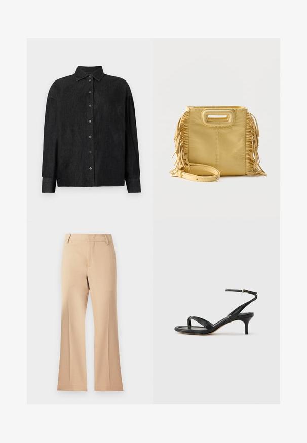 CLOSED CAPE SHIRT - Skjortebluser - mid grey; Beige brede bukser med en glat tekstur, der har en mid-rise talje og rene frontfolder. Simpel design, ingen synlige udsmykninger.; Sort damesandal i læder med tynde remme, en tå-loop, ankelspænde og en mellemhøj stiletthæl på en neutral baggrund.; Gul lædertaske med frynser på siderne, rektangulært udskåret håndtag og aftagelig skulderrem placeret foran.