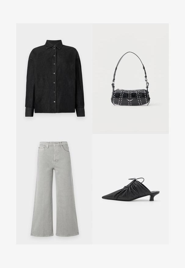 CLOSED CAPE SHIRT - Hemdbluse - mid grey; Hellegraue, weit geschnittene Jeans aus Denim mit hoher Taille, frontalen Taschen und Knopfverschluss. Glatte Textur mit minimalen Designdetails.; Schwarze Leder-Mules zum Hineinschlüpfen mit spitzer Zehe, geraffter Textur und kleinem Kitten-Heel. Verfügt über ein Zugbanddetail am Öffnung.; Schwarze Schultertasche aus Lackleder mit silbernen Nieten in vertikalen Reihen und einem kleinen silbernen Vogel-Emblem in der Mitte vorne.