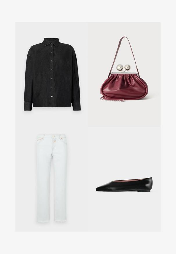 CLOSED CAPE SHIRT - Chemisier - mid grey; Jean en denim clair avec jambe droite, présentant un ourlet effiloché, des garnitures en cuivre et un design à cinq poches.; Chaussure plate en cuir noir pour femme, avec bout pointu et petit talon, vue de côté sur un fond gris clair uni.; Petit sac à main en cuir bordeaux avec des détails froncés, une fine bandoulière et une fermeture argentée comportant deux gros boutons ronds.