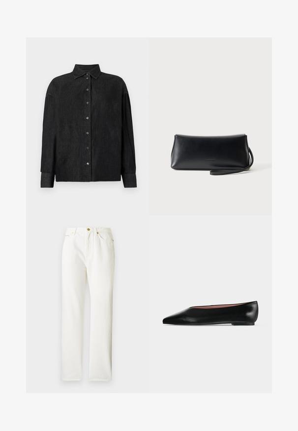 CLOSED CAPE SHIRT - Skjortebluser - mid grey; Hvide denimbukser med lige ben-design, der har lukning med knap foran og en subtil tekstur. Inkluderer sidelommer og minimalt hardware.; Sort damesko i læder med flad hæl og spids tå, vist fra siden på en ensfarvet lys grå baggrund.; Sort glat læder clutch taske med tyndt håndledsrem, rektangulær form og diskret præget logo centreret foran.