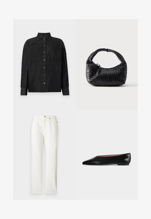 CLOSED CAPE SHIRT - Overhemdblouse - mid grey; Witte denim broek met een rechte pijpdesign, voorzien van een voorste knoopsluiting en subtiele textuur. Inclusief zijzakken en minimale hardware.; Zwarte leren damesschoen met platte zool, puntige neus en lage hak, zijwaarts afgebeeld tegen een effen lichtgrijze achtergrond.; Zwarte geweven handtas met een afgeronde vorm, een gestructureerde afwerking en een gebogen handvat. Voorzien van een subtiel logo-accent aan de voorkant.