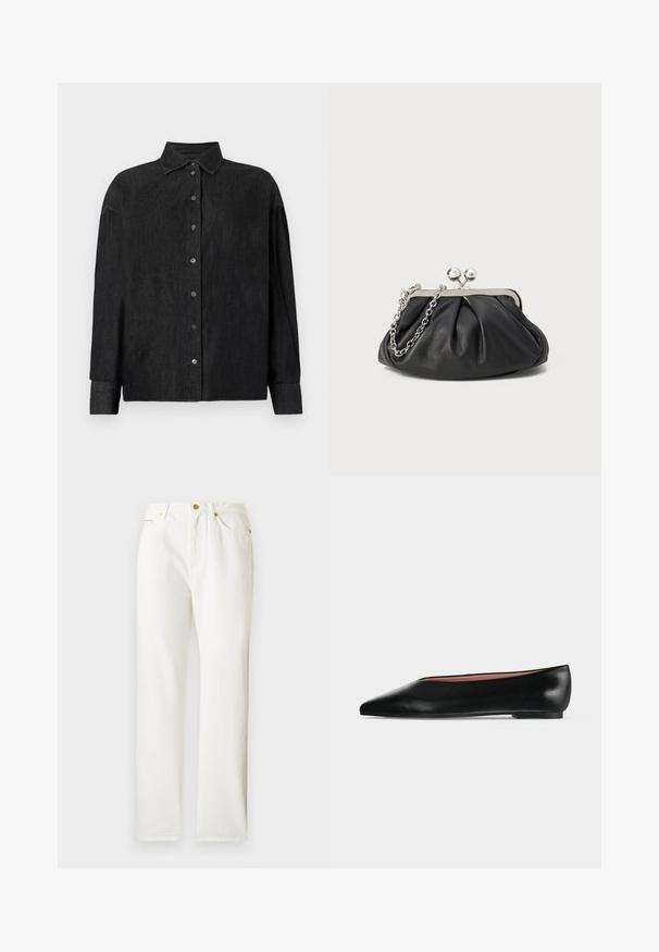CLOSED CAPE SHIRT - Overhemdblouse - mid grey; Witte denim broek met een rechte pijpdesign, voorzien van een voorste knoopsluiting en subtiele textuur. Inclusief zijzakken en minimale hardware.; Zwarte leren damesschoen met platte zool, puntige neus en lage hak, zijwaarts afgebeeld tegen een effen lichtgrijze achtergrond.; Zwarte leren clutch met geplooide textuur, zilverkleurig metalen frame, drukknopsluiting en kettingriem. Glad, zacht oppervlak.