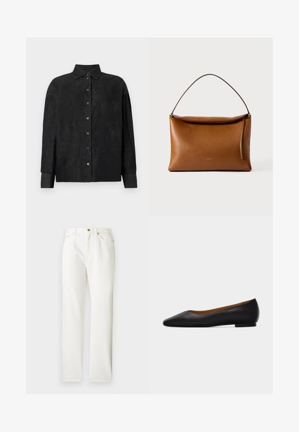 CLOSED CAPE SHIRT - Skjortebluser - mid grey; Hvide denimbukser med lige ben-design, der har lukning med knap foran og en subtil tekstur. Inkluderer sidelommer og minimalt hardware.; Sort læder flad sko med spids tå, lav hæl og glat finish, vist fra siden på en lysegrå baggrund.; Rektangulær skuldertaske i lysebrunt læder med en enkelt strop og en toplynlås mod en ensfarvet hvid baggrund.
