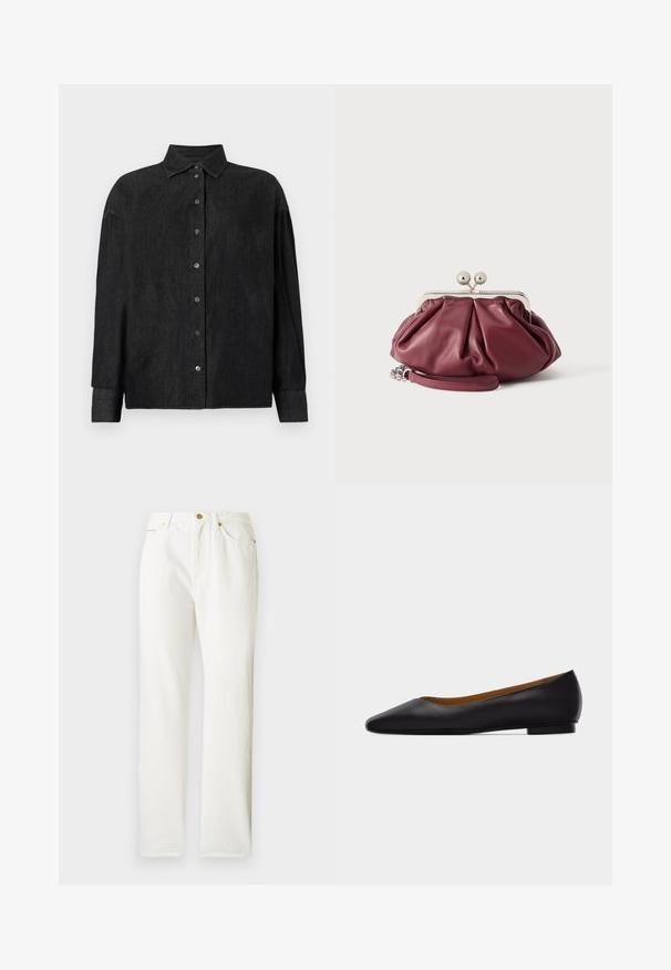 CLOSED CAPE SHIRT - Overhemdblouse - mid grey; Witte denim broek met een rechte pijpdesign, voorzien van een voorste knoopsluiting en subtiele textuur. Inclusief zijzakken en minimale hardware.; Zwarte leren puntschoen met lage hak en gladde afwerking, zijaanzicht op een lichtgrijze achtergrond.; Kleine bordeauxrode leren clutch met zilveren metalen gesp en polsriem op een witte achtergrond.