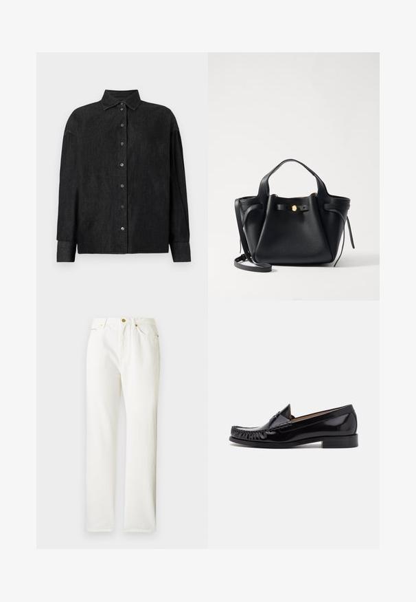 CLOSED CAPE SHIRT - Skjortebluser - mid grey; Hvide denimbukser med lige ben-design, der har lukning med knap foran og en subtil tekstur. Inkluderer sidelommer og minimalt hardware.; Sorte læder moccasin sko med en skinnende finish, der har frynsedetaljer langs fronten og en lav stabelhælk.; Sort læder håndtaske med en struktureret form, prydet med et guld akcent, to korte håndtag og en aftagelig lang rem. Tekstureret overflade.