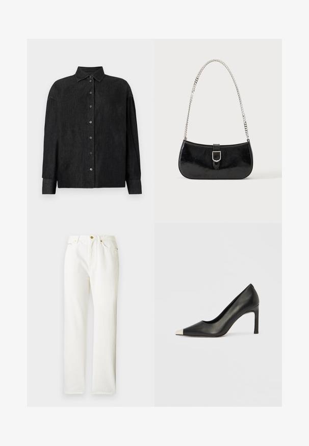 CLOSED CAPE SHIRT - Skjortebluser - mid grey; Hvide denimbukser med lige ben-design, der har lukning med knap foran og en subtil tekstur. Inkluderer sidelommer og minimalt hardware.; Sort læder højhælet sko med spids tå og metal-sølv hætte. Har en glat finish og en slank hæl på 10 cm.; Sort skuldertaske i laklæder med sølv spænde og sølv kæderem, vist mod en ensartet lys baggrund.