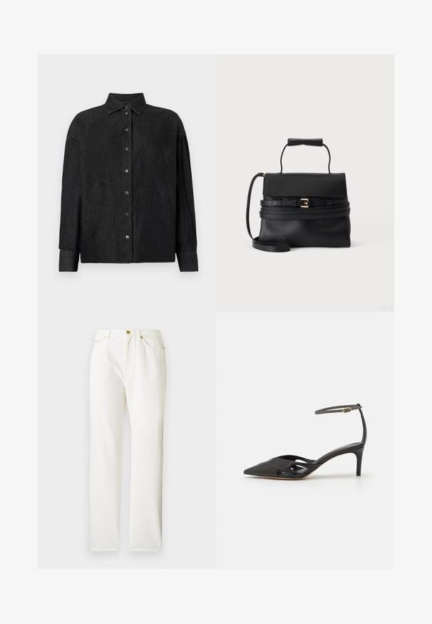 CLOSED CAPE SHIRT - Skjortebluser - mid grey; Hvide denimbukser med lige ben-design, der har lukning med knap foran og en subtil tekstur. Inkluderer sidelommer og minimalt hardware.; Sort læder højhælet sko med spids tå, åbne sider og en tynd ankelrem med en lille guld detalje.; Sort læderhåndtaske med tophåndtag, klaplukning, dekorativt bælte med gyldent spænde og aftagelig skulderrem på hvid baggrund.