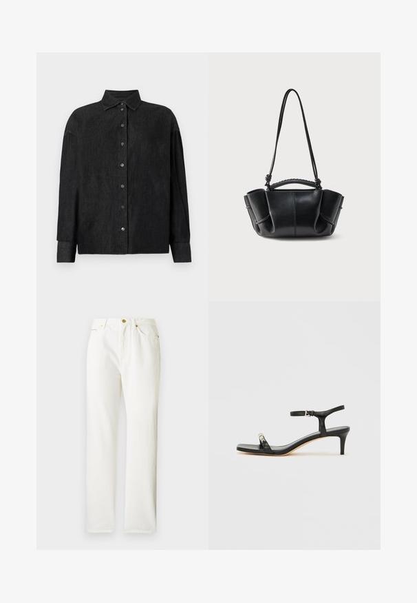 CLOSED CAPE SHIRT - Hemdbluse - mid grey; Weiße Jeanshose mit geradem Bein, ausgestattet mit einem Knopfverschluss vorne und subtiler Struktur. Enthält Seitentaschen und minimale Beschläge.; Schwarze Leder-Sandale mit Absatz und Knöchelriemen, offenem Zehenbereich, quadratischer Vorderseite und silbernen Metallakzenten. Eng anliegendes Design mit schlanker Silhouette.; Schwarze Ledertasche mit geschwungener Silhouette, gerafften Seiten, geflochtenem Griff und einem langen dünnen Riemen vor weißem Hintergrund.