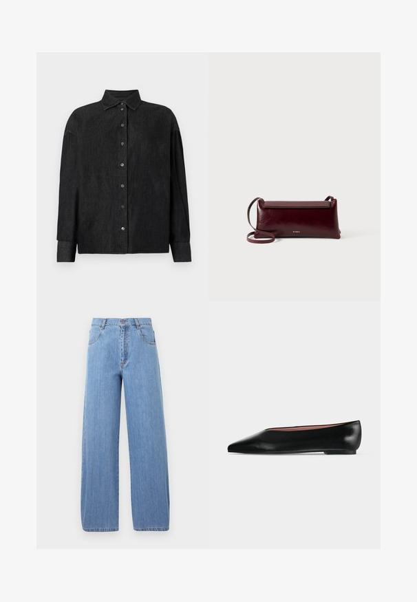 CLOSED CAPE SHIRT - Hemdbluse - mid grey; Helle blaue weit geschnittene Jeans aus Denim mit hoher Taille, vorderen Taschen und dezenten Steppnähten an den Nähten.; Schwarzer flacher Damenleder-Schuh mit spitzer Kappe und niedrigem Absatz, von der Seite auf einfarbigem hellgrauem Hintergrund gezeigt.; Burgunderfarbene Leder-Umhängetasche mit glatter Textur, rechteckiger Form, Klappenverschluss und einem dünnen, verstellbaren Trageriemen. Sichtbares goldfarbenes Logodesign.