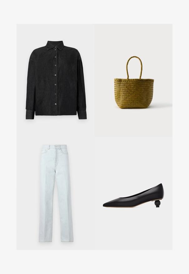 CLOSED CAPE SHIRT - Skjortebluser - mid grey; Lysblå denim jeans med bred benpasform og høj talje, der har en frontlynlås, knaplukning og klassisk fem-lommemodel.; Sort spids tå lavhælet sko med en unik rund skulptureret hæl og glat læderoverdel, vist fra siden på en hvid baggrund.; Vævet stråtaske med rund bund og to løkkehåndtag, vist mod en ensfarvet lys baggrund.