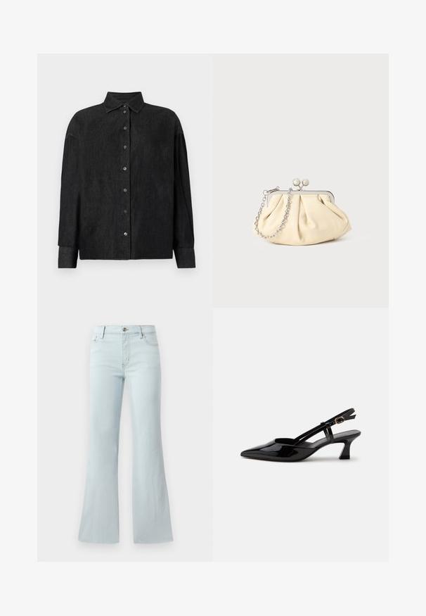 CLOSED CAPE SHIRT - Hemdbluse - mid grey; Helle blaue, ausgestellte Jeans aus Denim. Verfügt über ein klassisches Fünf-Taschen-Design und einen Frontknopfverschluss. Glatte Textur über das gesamte Material.; Schwarzer Slingback-Pumps aus Lackleder mit spitzer Spitze und verstellbarem goldfarbenem Riemen auf weißem Hintergrund.; Faltige beigefarbene Ledertasche mit einem silbernen Metallrahmen, ausgestattet mit zwei runden dekorativen Verschlüssen und einem silbernen Kettenriemen.