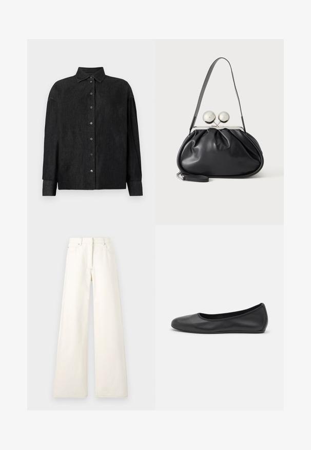 CLOSED CAPE SHIRT - Hemdbluse - mid grey; Weite, cremefarbene Hosen aus Denim mit sichtbaren Nähten und Taschen. Das Design hat eine hohe Taille und eine gerade Silhouette.; Schwarze Leder-Ballettschuhe mit abgerundeter Spitze, glatter Textur, minimalen Nähdetails und einem flexiblen Sohlen-Design.; Schwarze Ledertasche mit gerafftem Design, einem einzelnen Riemen, silbernem Metallrahmen und zwei großen runden silbernen Verschlüssen.