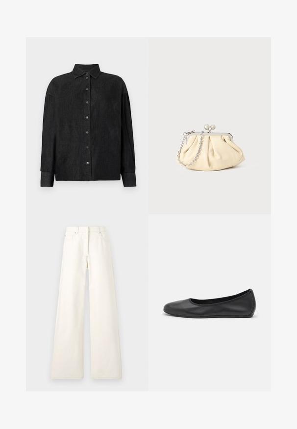 CLOSED CAPE SHIRT - Overhemdblouse - mid grey; Wijdbenige, crèmekleurige broek van denim met zichtbare stiksels en zakken. Het ontwerp heeft een hoge taille en een recht gesneden silhouet.; Zwarte leren ballerina met een ronde neus, gladde textuur, minimale stikdetails en een flexibele zoolontwerp.; Geplooide beige leren clutch met een zilveren metalen frame, voorzien van twee ronde decoratieve sluitingen en een zilveren kettingriem.