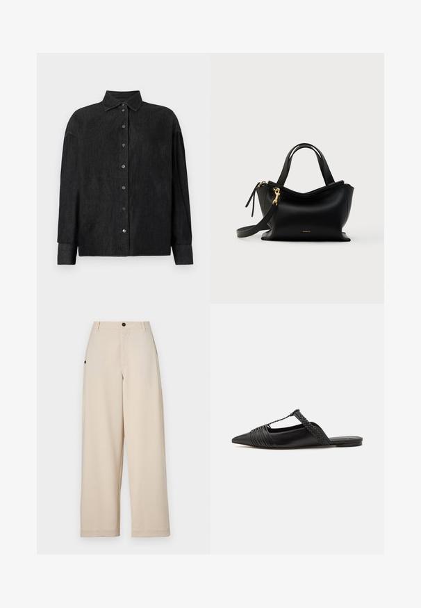 CLOSED CAPE SHIRT - Blúzka so zapínaním na gombíky - mid grey; Beige široké nohavice vyrobené z mäkkej tkaniny, s predným zapínaním na gombík, bočnými vreckami a voľným strihom.; Čierne kožené sandále so špičatou špičkou, ktoré majú tkaný detail a zborený dizajn vrchnej časti. Plochá podrážka s minimálnym hardvérom.; Čierna kožená kabelka so zakriveným dizajnom, zlatými kovaniami, krátkymi rúčkami a odnímateľným ramenným popruhom. Vyznačuje sa hladkou textúrou a detailom s logom.