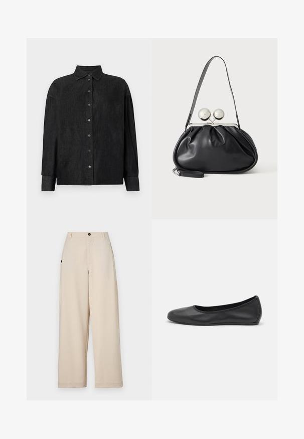 CLOSED CAPE SHIRT - Hemdbluse - mid grey; Beige weit geschnittene Hose aus weichem Stoff, mit einem Frontknopfverschluss, Seitentaschen und einer lockeren Passform.; Schwarze Leder-Ballettschuhe mit abgerundeter Spitze, glatter Textur, minimalen Nähdetails und einem flexiblen Sohlen-Design.; Schwarze Ledertasche mit gerafftem Design, einem einzelnen Riemen, silbernem Metallrahmen und zwei großen runden silbernen Verschlüssen.