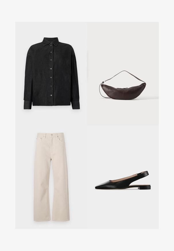 CLOSED CAPE SHIRT - Blúzka so zapínaním na gombíky - mid grey; Béžové džínsy s širokými nohavicami vyrobené z bavlny, s vysokým pásom, dvoma prednými vreckami a zapínaním na gombík s kovovými doplnkami.; Čierna kožená slingback balerína s ostrou špičkou a nízkym štvorcovým podpätkom na bielom pozadí.; Tmavohnedá kožená polmesiacová taška na rameno s oblúkovým pásikom a viditeľným prešitím na jednofarebnom pozadí.