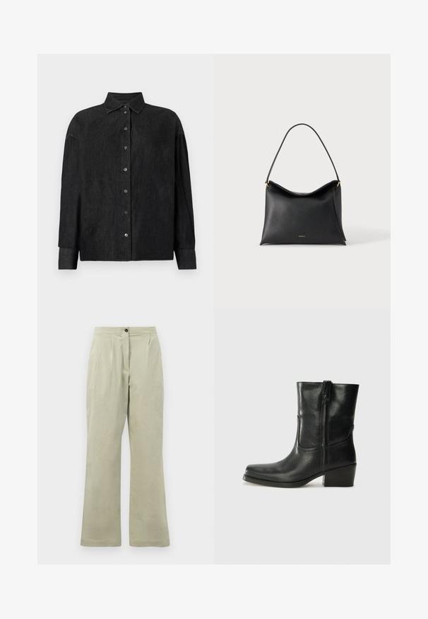 CLOSED CAPE SHIRT - Nööpidega pluus - mid grey; Heledad rohelised laiade jalgadega püksid, mis on valmistatud pehmest kangast, ees nupuga kinni, volangid ja puhas äär.; Musta nahast pahkluu saabas ümarate varvastega, plokknäppu, külgsepa ja pealsetel õmblusest aktsentidega. Sile tekstuur, klassikaline disain.; Mustast nahast käekott ühe rihmaga ja väike kuldne brändi logo lihtsal heledal taustal.