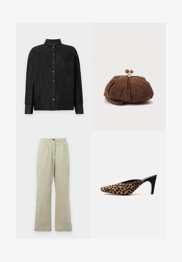 CLOSED CAPE SHIRT - Skjortebluser - mid grey; Lysgrønne brede bukser lavet af blødt stof, med en frontknaplukning, plisseringer og en ren kant.; Mule sko med spids tå med leopardprint øverdel og sort midhøj stilet hæl på ensfarvet hvid baggrund.; Blød brun ruskindshåndtaske med sølvmetal ramme og runde brune låsekugler på en ensfarvet lys baggrund.