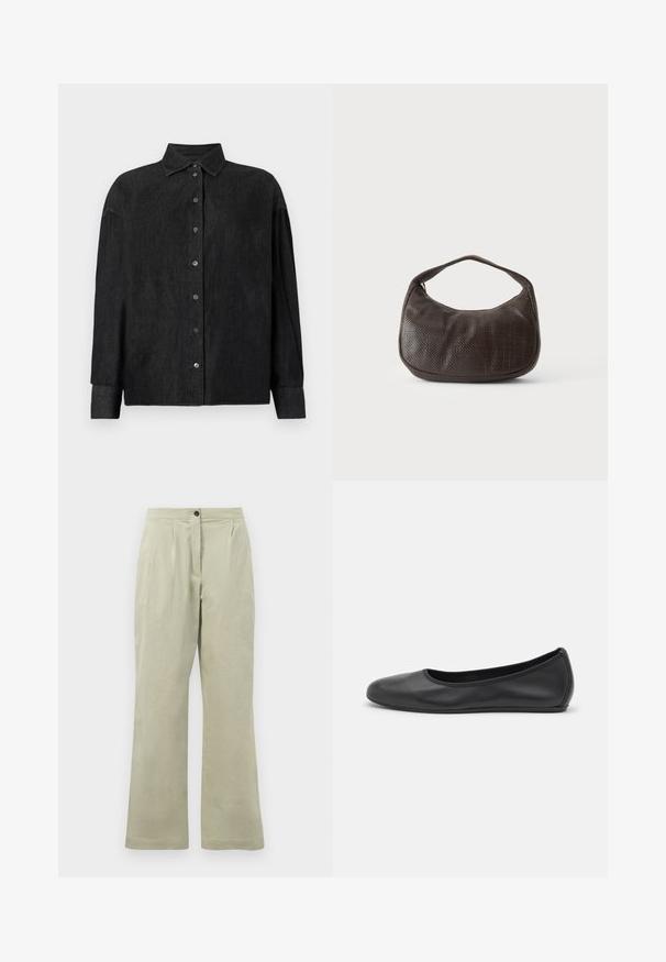 CLOSED CAPE SHIRT - Blúzka so zapínaním na gombíky - mid grey; Svetlozelené nohavice s širokými nohavicami vyrobené zo mäkkej látky, s predným zapínaním na gombík, skladmi a čistým lemom.; Čierne kožené baleríny s okrúhlou špičkou, hladkým povrchom, minimálnym prešívaním a flexibilným dizajnom podrážky.; Malá tmavohnedá textúrovaná kabelka s krátkym remienkom a zaobleným spodkom na jednoduchom svetlom pozadí.