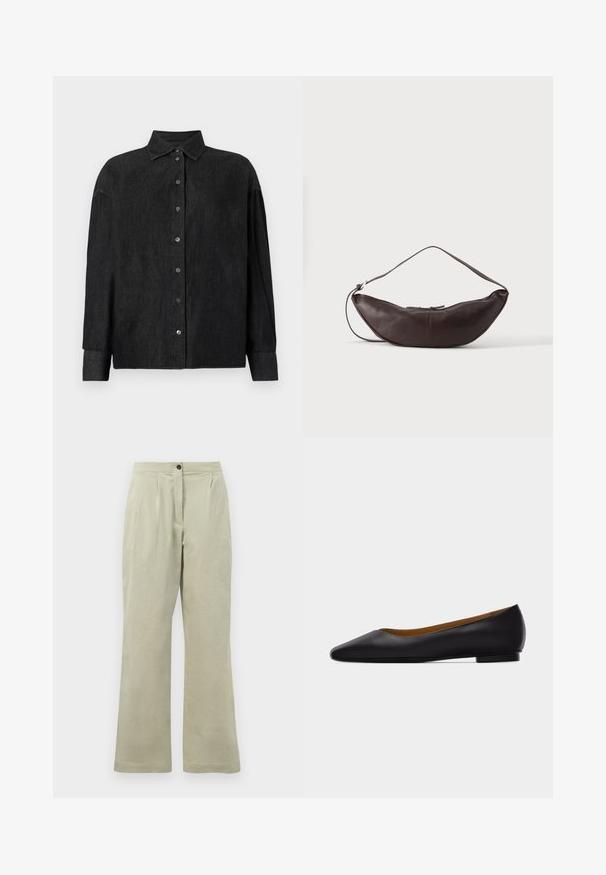CLOSED CAPE SHIRT - Hemdbluse - mid grey; Hellegrüne weite Hose aus weichem Stoff, mit einem Frontknopfverschluss, Falten und einem sauberen Saum.; Schwarzer flacher Schuh aus Leder mit spitz zulaufender Vorderkappe, niedrigem Absatz und glatter Oberfläche, von der Seite vor einem hellgrauen Hintergrund dargestellt.; Dunkelbraune Leder-Schultertasche in Halbmondform mit gebogenem Riemen und sichtbarer Naht auf schlichtem Hintergrund.