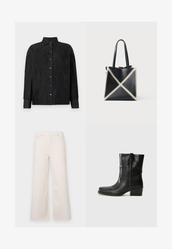 CLOSED CAPE SHIRT - Blúzka so zapínaním na gombíky - mid grey; Široké, svetlobéžové denimové nohavice s vysokým pásom, piatimi vreckami a predným zapínaním na gombík. Hladká textúra, minimálne švy.; Čierne kožené členkové topánky s okrúhlou špičkou, blokovým podpätkom, bočným zipsom a prešívaním na priehlavku. Hladká textúra, klasický dizajn.; Čierna kožená taška s krémovým prešívaním vytvárajúcim vzor X. Obsahuje dve čierne uši a neštruktúrovaný tvar.
