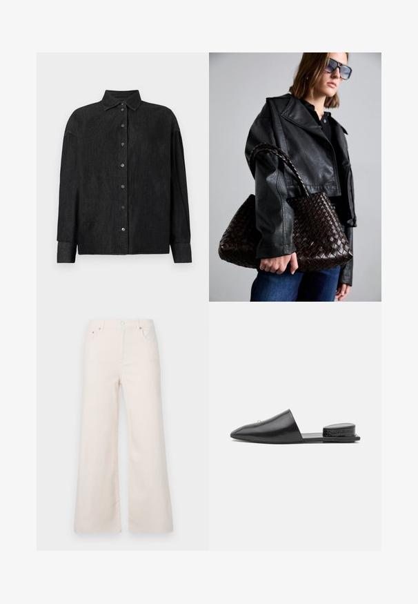 CLOSED CAPE SHIRT - Hemdbluse - mid grey; Weite, hellbeige Denim-Hosen mit hoher Taille, fünf Taschen und einem vorderen Knopfverschluss. Glatte Textur, minimalistische Nähdetails.; Schwarze Leder-Pantoletten mit spitzem Zehenbereich, minimalistischen Design und strukturiertem Akzent an der Ferse. Glatte Oberfläche und flache Sohle.; DRAGON DIFFUSION SANTA CROCE BIG - Handtasche - dark brown