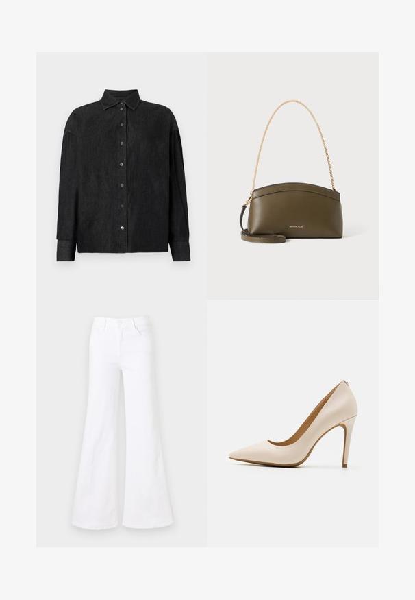 CLOSED CAPE SHIRT - Skjortebluser - mid grey; Hvide flare jeans lavet af denim, der har høj talje, design med fem lommer og en knaplukning foran. Glat tekstur.; Beige højhælede pumpe, spids tå, glat læderfinish, slank stiletthæl, minimalistisk design med en subtil detalje bagpå.; Olivengrøn Michael Kors-håndtaske med guldkæde skulderrem, buet top og lille gyldent logo foran, vist mod hvid baggrund.