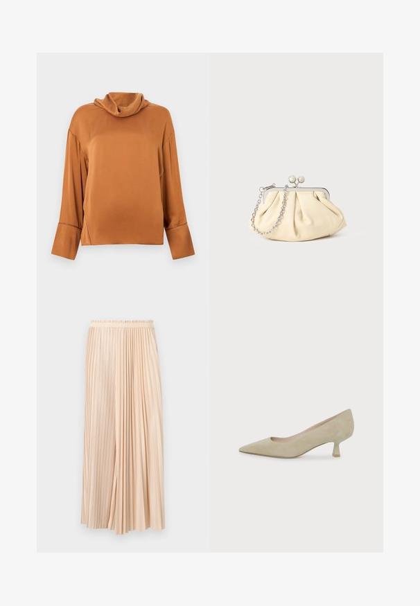 Blouse à manches longues couleur rouille avec un col roulé ample et des larges poignets, présentée sur un fond gris clair uni.; Jupe midi plissée bicolore beige avec ceinture élastique, combinant des plis fins et larges pour un look fluide et texturé.; Chaussure beige en daim à bout pointu avec un petit talon fin sur fond blanc uni.; Pochette en cuir beige plissé avec un cadre en métal argenté, dotée de deux fermoirs ronds décoratifs et d'une chaîne en argent.