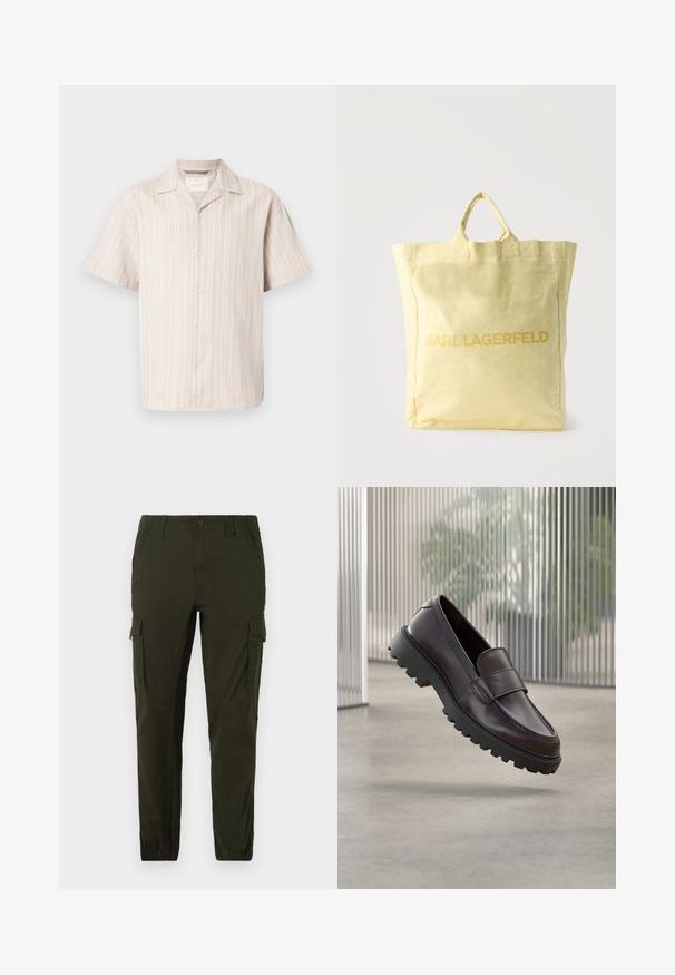Kortærmet skjorte med knapper i lys beige med lodrette hvide striber. Har en klassisk krave og afslappet pasform, lavet af blødt materiale.; Jack & Jones JPSTPAUL JJFLAKE ANA NOOS - Cargobukser - rosin; Brun lædersko uden snørebånd med rundet tå og solid sort gummisål. Har en dekorativ rem hen over vristen.; Lysegul stofindkøbsnet med dobbelte håndtag og mærkenavnet "KARL LAGERFELD" trykt med fede bogstaver på fronten.
