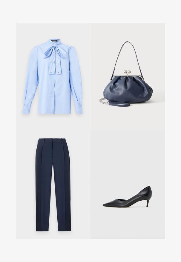 Blouse à manches longues bleu clair avec des rayures blanches, un nœud noué au col et de petits boutons décoratifs sur le devant.; Pantalons sur mesure bleu marine avec plis sur le devant, passants pour ceinture et jambes droites, présentés sur un fond blanc.; Escarpin en cuir noir avec un bout pointu et un talon bas. Présente une texture lisse et un éclat subtil. Découpe ouverte à l'avant pour un détail supplémentaire.; Sac à main en cuir bleu marine doux avec fermeture à boucle argentée, une seule bandoulière, et une chaîne de poignet amovible sur fond blanc.