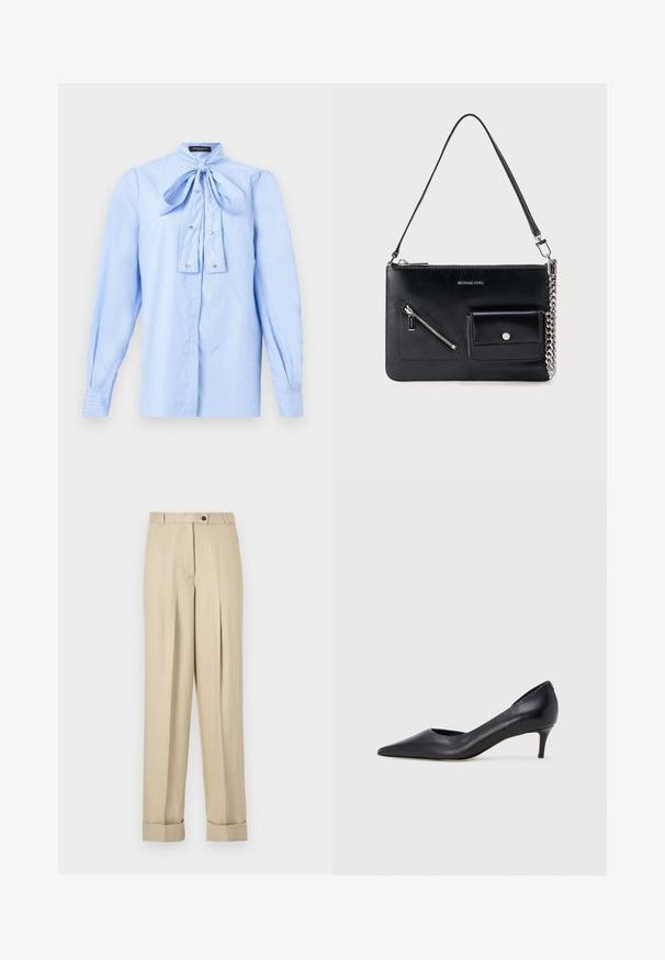 Blouse à manches longues bleu clair avec des rayures blanches, un nœud noué au col et de petits boutons décoratifs sur le devant.; Pantalon beige taille haute avec plis, passants pour ceinture, fermeture par bouton et zip, et ourlets retroussés sur un fond uni.; Escarpin en cuir noir avec un bout pointu et un talon bas. Présente une texture lisse et un éclat subtil. Découpe ouverte à l'avant pour un détail supplémentaire.; Sac à bandoulière en cuir noir Michael Kors avec fermeture éclair supérieure, poche avant zippée en diagonale, poche à rabat avec bouton-pression et détail en chaîne argentée.