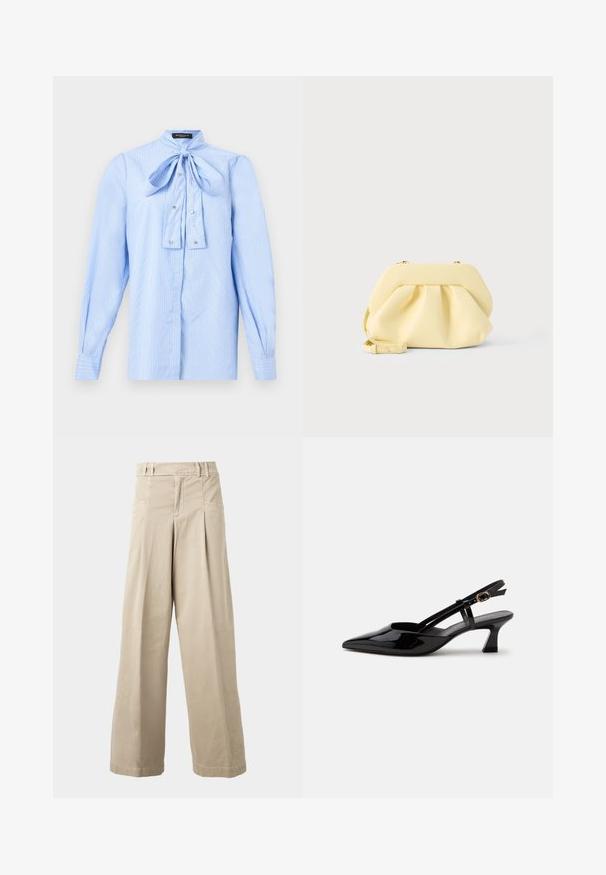 Blouse à manches longues bleu clair avec des rayures blanches, un nœud noué au col et de petits boutons décoratifs sur le devant.; Pantalon beige taille haute à jambes larges avec passants de ceinture, plis à l’avant et poches latérales, présenté sur un fond clair uni.; Chaussure slingback en cuir verni noir à petit talon, bout pointu et bride réglable avec boucle dorée sur fond blanc.; Pochette en cuir jaune doux avec un design froncé et une bandoulière amovible, posée sur un fond clair uni.