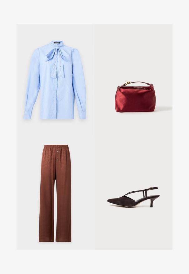 Blouse à manches longues bleu clair avec des rayures blanches, un nœud noué au col et de petits boutons décoratifs sur le devant.; Pantalon marron à jambes larges avec un motif texturé subtil, taille élastique et deux boutons sur le devant de la braguette.; Chaussure à petit talon slingback en daim brun foncé avec bout pointu et fine bride de cheville avec boucle dorée, présentée sur fond blanc.; Trousse de maquillage en satin bourgogne de forme rectangulaire, avec fermeture éclair et une poignée courte. Présente un design minimaliste et une texture lisse.