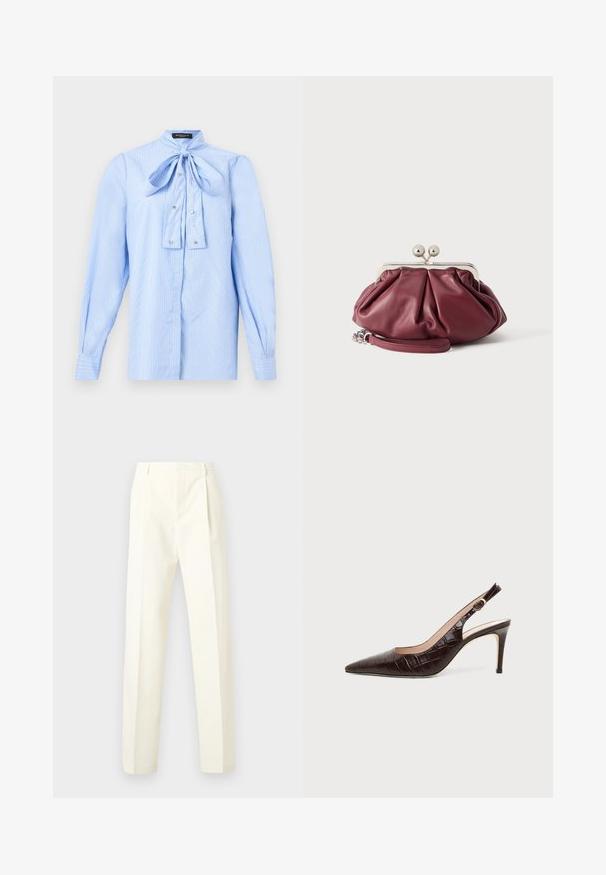 Blouse à manches longues bleu clair avec des rayures blanches, un nœud noué au col et de petits boutons décoratifs sur le devant.; Pantalon pour homme en tissu crème clair, doté d'une taille haute, d'un devant plissé, d'une coupe droite, sans poches visibles ni détails métalliques.; Escarpin slingback en cuir brun foncé à texture crocodile, bout pointu et talon stiletto de hauteur moyenne sur fond uni.; Petite pochette en cuir bordeaux avec fermoir en métal argenté et bracelet pour poignet sur fond blanc.