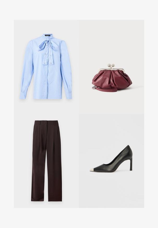 Blouse à manches longues bleu clair avec des rayures blanches, un nœud noué au col et de petits boutons décoratifs sur le devant.; Pantalon marron foncé droit avec passants de ceinture et plis à l'avant, présenté à plat sur fond blanc.; Chaussure à talon haut en cuir noir avec bout pointu et capuchon argenté métallique. Présente une finition lisse et un talon fin de 10 cm.; Petite pochette en cuir bordeaux avec fermoir en métal argenté et bracelet pour poignet sur fond blanc.