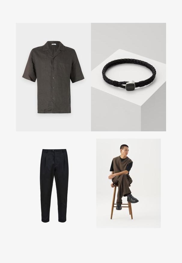 Camisa de manga corta, con cuello, en lino gris oscuro, que presenta un bolsillo en el pecho y cierre de botones al frente. Textura suave, corte relajado.; Pantalones negros de tejido suave, con un frente plisado, ajuste tapered y puños enrollados. Cierre de botón sencillo en la cintura.; Chaleco de punto marrón sobre una camiseta negra, combinado con pantalones anchos marrones y zapatos negros gruesos, sentado en un taburete de madera.; Pulsera de cuero trenzado negro con un cierre de plata, que presenta un detalle cuadrado texturizado, reposando sobre un pedestal blanco.