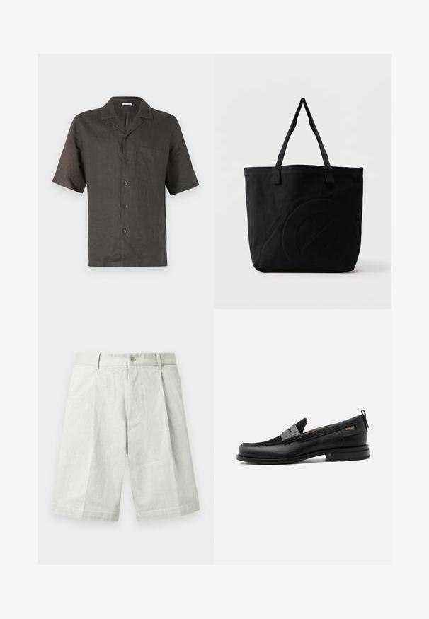 Kurzärmliges, collared Hemd aus dunkelgrauem Leinen mit einer Brusttasche und vorderem Knopfverschluss. Glatte Textur, lockerer Schnitt.; Hellgraue Shorts aus strukturiertem Stoff, mit einem Knopfverschluss, Falten und einem geraden Schnitt, geeignet für legere Trageanlässe.; Schwarzer Lederloafer mit grauem Riemendetail, niedrigem Absatz und strukturierter Sohle, seitlich mit „HUGO“ in Gold gebrandmarkt.; Schwarze Canvas-Shopper-Tasche mit zwei Schulterriemen und einem dezenten, eingeprägten kreisförmigen Design auf der Vorderseite.