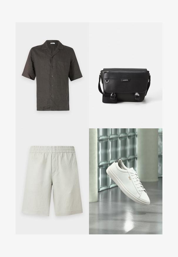 Camisa de manga corta, con cuello, en lino gris oscuro, que presenta un bolsillo en el pecho y cierre de botones al frente. Textura suave, corte relajado.; Pantalones cortos gris claro hechos de tela texturizada, con cintura elástica y bolsillos en las costuras laterales; diseño de corte recto.; Zapatilla deportiva de piel blanca de corte bajo con cordones, lengüeta negra en el talón y logo "BOSS", flotando en interiores cerca de una pared de bloques de vidrio y suelo pulido.; Bolso mensajero Lacoste negro texturizado con correa ajustable, tapa frontal, bolsillo con cremallera y cierres de hebilla metálica.