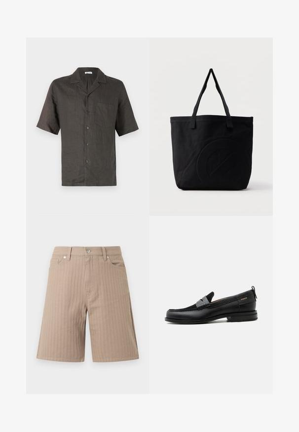 Camisa de manga corta, con cuello, en lino gris oscuro, que presenta un bolsillo en el pecho y cierre de botones al frente. Textura suave, corte relajado.; Pantalones cortos beige hechos de tela texturizada con rayas verticales, una cinturilla con un botón frontal y bolsillos laterales.; Mocasín de cuero negro con detalle de tira gris, tacón bajo y suela texturizada, con la marca "HUGO" en oro en el lateral.; Bolsa tote de lona negra con dos correas para el hombro y un diseño circular en relieve sutil en el frente.