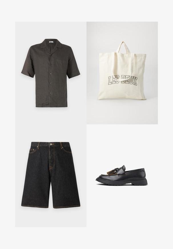 Korte ærmer, skjorte med krave i mørkegrå linned, med en brystlomme og frontknaplukning. Glat tekstur, afslappet pasform.; Sorte denimshorts med lige ben, prydet med orange syninger, fem lommer og en metalknaplukning i linningen.; Sorte læderloafers med en tekstureret finish, med en dekorativ dusk og kontrastsyninger. Tykt gummisål med et robust mønster.; Canvas tote bag i off-white, med korte håndtag og teksten "LES DEUX" trykt i fede sorte bogstaver. Holdbart, simpelt design.