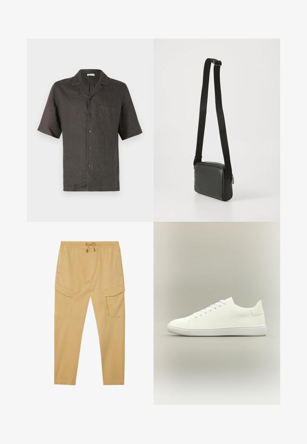 Camisa de manga corta, con cuello, en lino gris oscuro, que presenta un bolsillo en el pecho y cierre de botones al frente. Textura suave, corte relajado.; Pantalones cargo beige con cintura elástica, cordón y múltiples bolsillos laterales. Fabricados con una tela suave y diseño de pierna recta.; Zapatilla blanca de corte bajo con cordones, parte superior de cuero liso y suela plana de goma sobre un fondo neutro.; Bolso bandolera de cuero negro con textura suave, forma rectangular, correa negra ajustable y detalle de cremallera plateada.