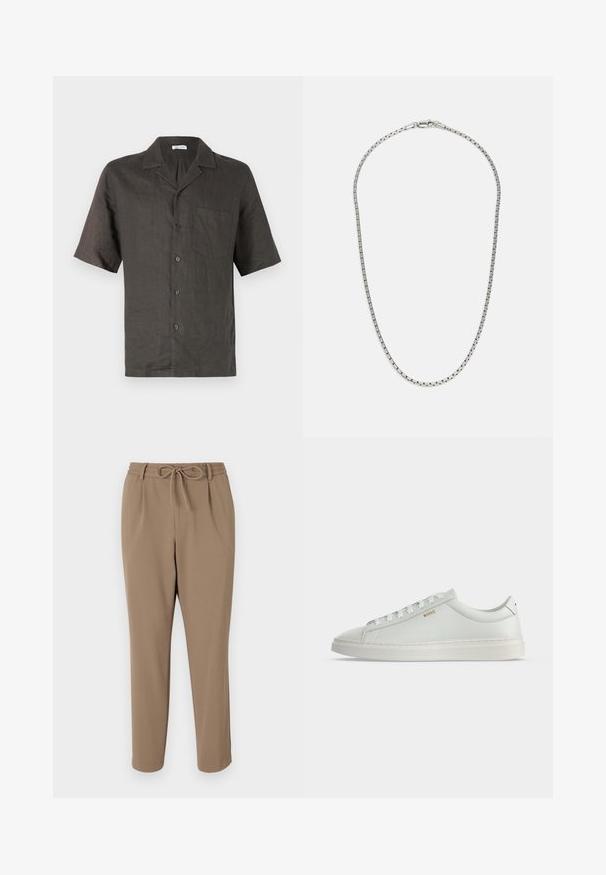 Camisa de manga corta, con cuello, en lino gris oscuro, que presenta un bolsillo en el pecho y cierre de botones al frente. Textura suave, corte relajado.; Pantalones beige ajustados con cintura ajustable, bolsillos laterales y textura suave. Sin patrones visibles ni acentos adicionales.; Zapatilla blanca de cuero de corte bajo con cordones, suela plana y pequeño logo dorado "BOSS" en el lateral, vista desde el lado exterior.; Collar de cadena de plata con un diseño de eslabones alternos. Presenta eslabones planos y rectangulares, así como un cierre seguro, con una textura suave en toda su extensión.