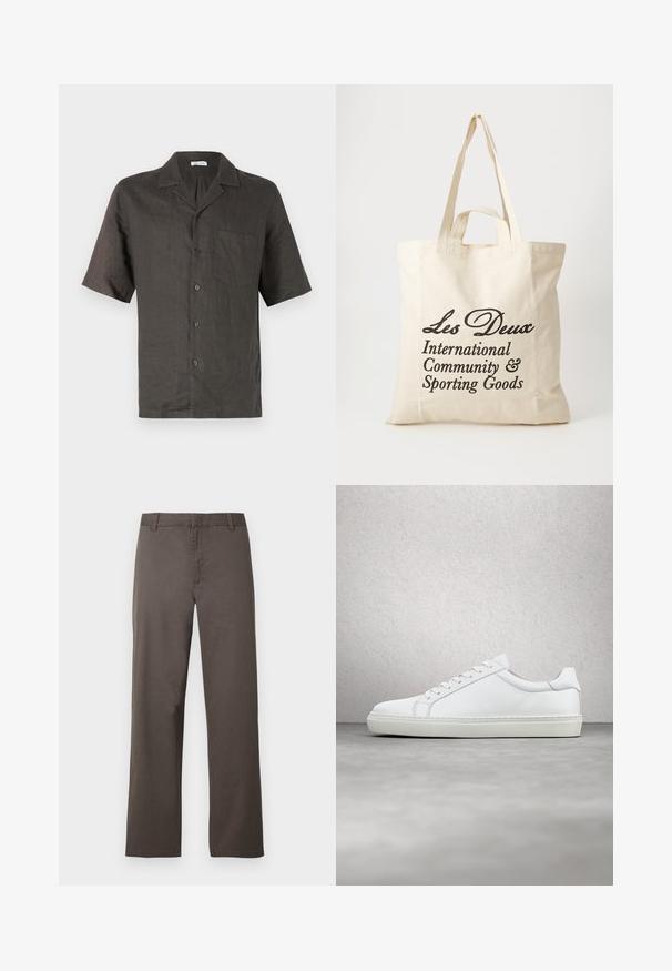Kurzärmliges, collared Hemd aus dunkelgrauem Leinen mit einer Brusttasche und vorderem Knopfverschluss. Glatte Textur, lockerer Schnitt.; Braune Baumwollhosen mit geradem Bein, ausgestattet mit Gürtelschlaufen und einer glatten Textur. Keine sichtbaren Muster oder Hardwaredetails.; Weißer Sneaker mit glattem Lederobermaterial und niedrigem Profil. Verfügt über eine runde Zehenpartie, sechs Ösen und eine strukturierte Gummisohle.; Beige Baumwolltragetasche mit zwei stabilen Tragegriffen. Mit schwarzem Drucktext: "Les Deux International Community & Sporting Goods."
