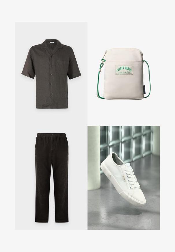 Camisa de manga corta, con cuello, en lino gris oscuro, que presenta un bolsillo en el pecho y cierre de botones al frente. Textura suave, corte relajado.; Pantalones de pana negra con un diseño de pierna recta, que presentan una cintura elástica y un cierre de un solo botón. Textura suave, detalles mínimos.; Zapatilla baja blanca de Calvin Klein con cordones, suela de goma y etiqueta con el logo flotando sobre un suelo pulido gris cerca de una pared de bloques de vidrio.; Bolso pequeño beige de bandolera con correa ajustable de cuerda verde, un bolsillo frontal con cremallera y un parche con el logo de Calvin Klein New York City.