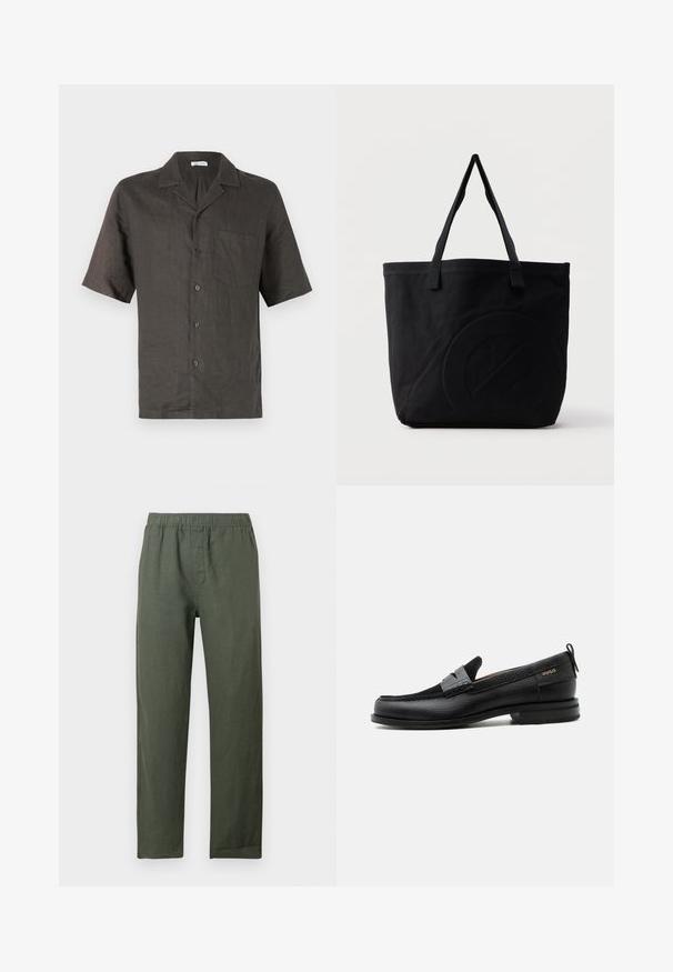 Camisa de manga corta, con cuello, en lino gris oscuro, que presenta un bolsillo en el pecho y cierre de botones al frente. Textura suave, corte relajado.; Pantalones de lino ligeros de color verde oscuro con cintura elástica y piernas rectas. Presentan una tapeta frontal sin bolsillos visibles.; Mocasín de cuero negro con detalle de tira gris, tacón bajo y suela texturizada, con la marca "HUGO" en oro en el lateral.; Bolsa tote de lona negra con dos correas para el hombro y un diseño circular en relieve sutil en el frente.