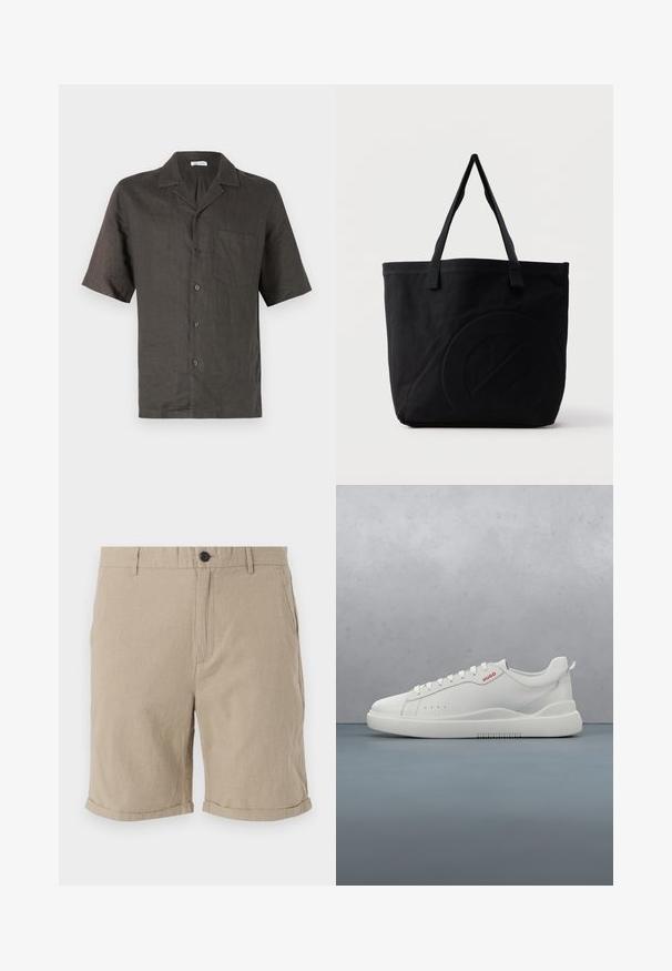 Kurzärmliges, collared Hemd aus dunkelgrauem Leinen mit einer Brusttasche und vorderem Knopfverschluss. Glatte Textur, lockerer Schnitt.; Beige Leinen-Shorts mit Knopfverschluss, flacher Front, Seitentaschen und umgeschlagenen Säumen, die aus einem strukturierten Stoff für Atmungsaktivität bestehen.; Weiße Sneaker aus glattem Leder, runde Spitze, vier Ösen, dezente Perforationen und ein rotes Logodetail an der Seite.; Schwarze Canvas-Shopper-Tasche mit zwei Schulterriemen und einem dezenten, eingeprägten kreisförmigen Design auf der Vorderseite.