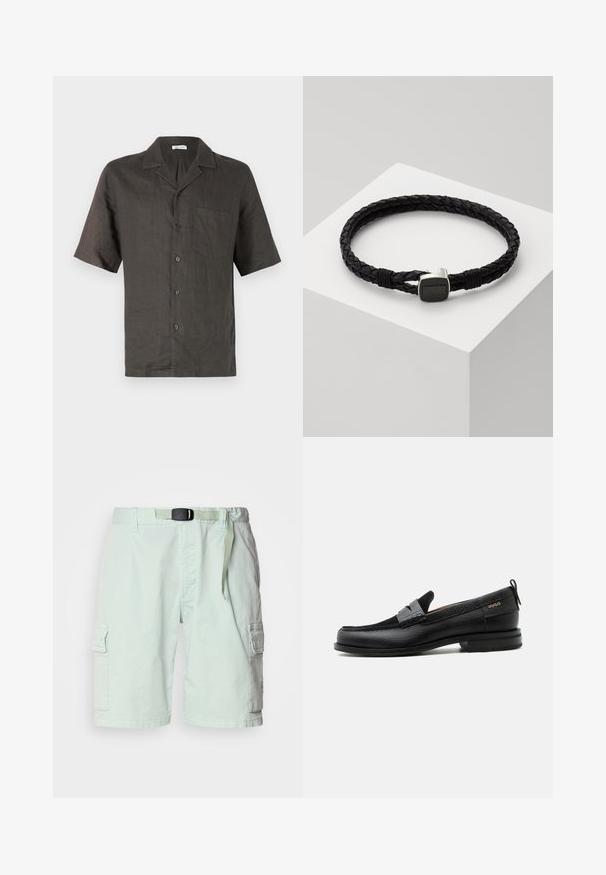 Camisa de manga corta, con cuello, en lino gris oscuro, que presenta un bolsillo en el pecho y cierre de botones al frente. Textura suave, corte relajado.; Pantalones cortos cargo verde claro fabricados con un tejido ligero, que cuentan con un cinturón, bolsillos laterales y un corte relajado.; Mocasín de cuero negro con detalle de tira gris, tacón bajo y suela texturizada, con la marca "HUGO" en oro en el lateral.; Pulsera de cuero trenzado negro con un cierre de plata, que presenta un detalle cuadrado texturizado, reposando sobre un pedestal blanco.
