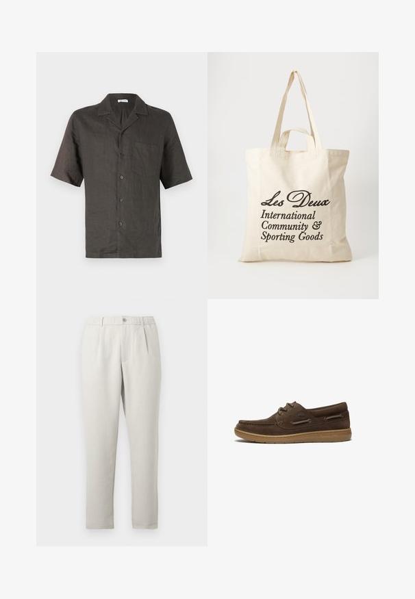 Camisa de manga corta, con cuello, en lino gris oscuro, que presenta un bolsillo en el pecho y cierre de botones al frente. Textura suave, corte relajado.; Pantalones de corte relajado en beige claro con un ligero brillo, que cuentan con una cintura elástica, bolsillos frontales y un diseño de pierna estrechada.; Zapato náutico de ante marrón con suela de goma, diseño con cordones, detalles cosidos y logo de Timberland en el lateral.; Bolsa de algodón beige con dos asas resistentes. Presenta un texto impreso en negro: "Les Deux International Community & Sporting Goods."